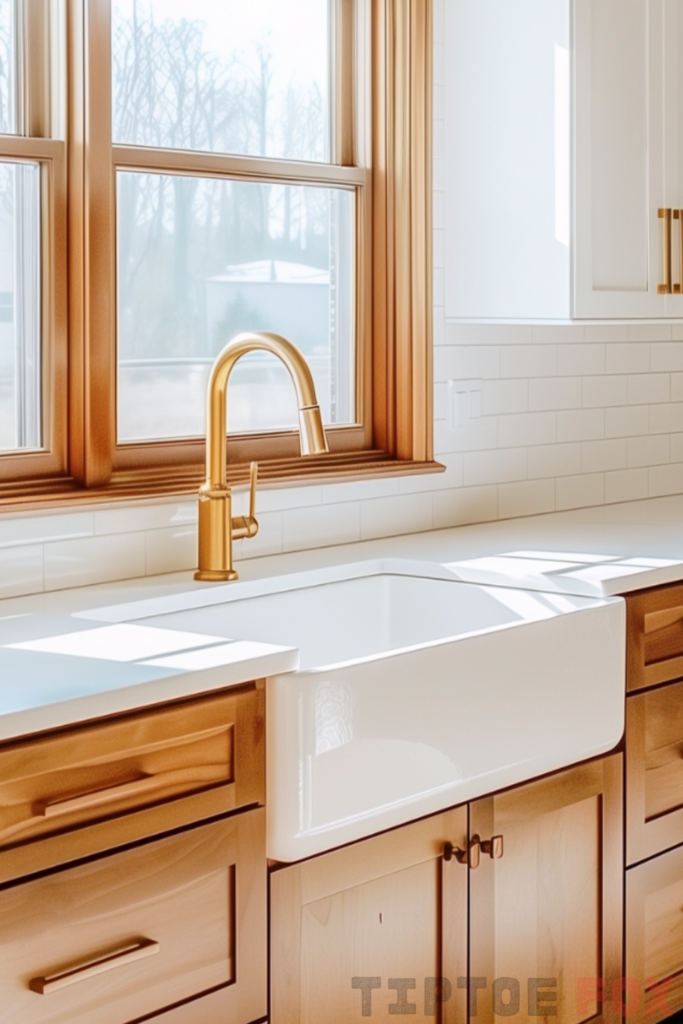 wood cabinets gold faucet with white sink