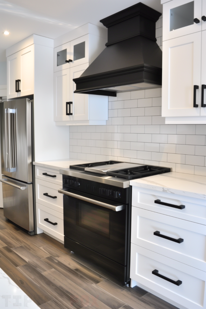 wood floor white kitchen black hardware backsplash white