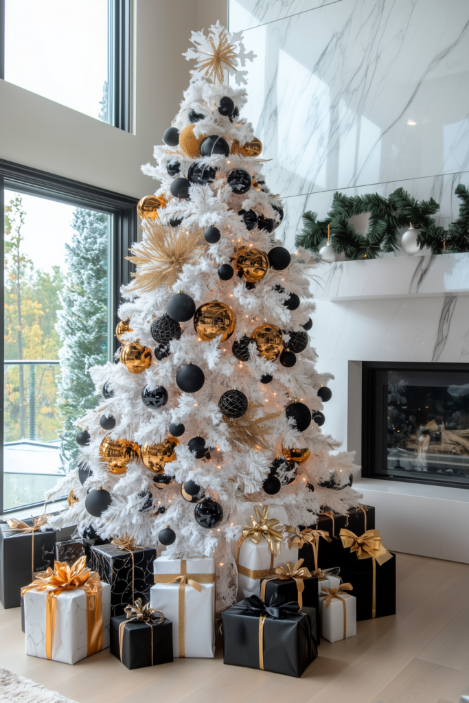 black gold and white tree with gold black decorations