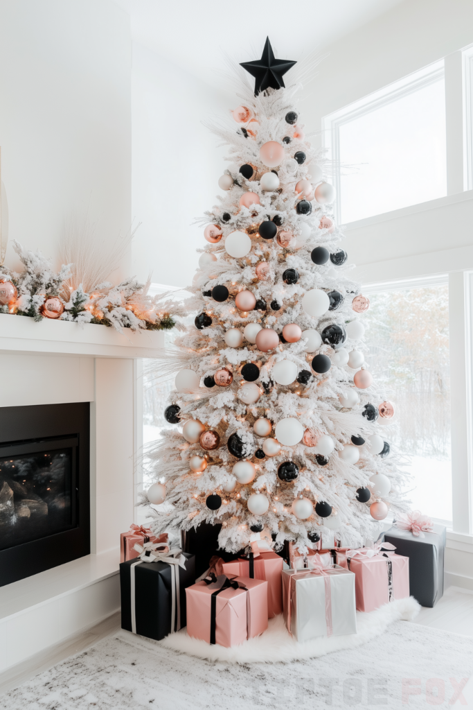 black pink white christmas tree pink and black ornaments