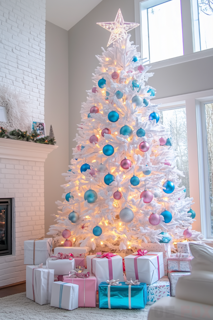 blue and pink white christmas tree pink and blue ornaments