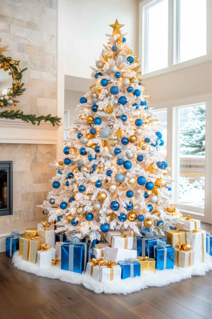 blue gold and white tree with gold blue decorations