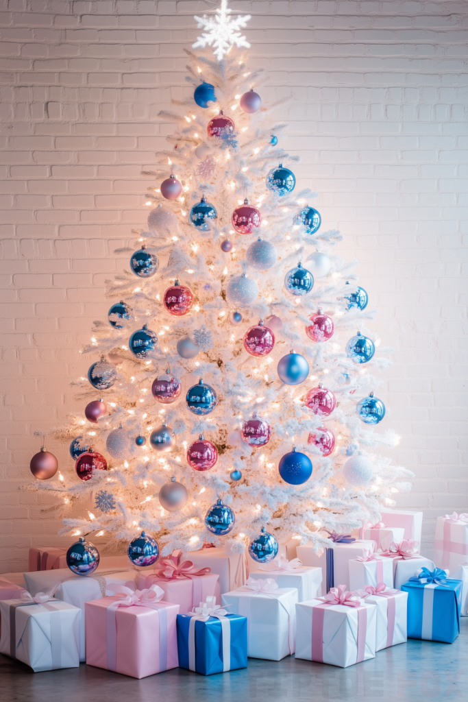 blue pink and white tree pink and blue ornaments