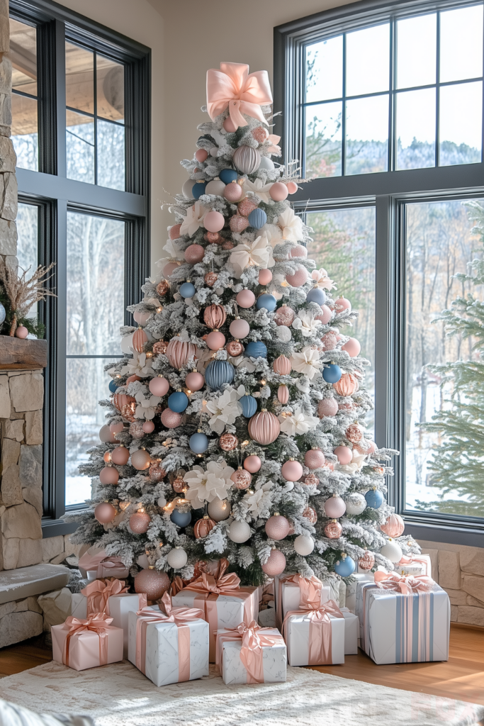 blue pink white christmas tree pink and blue ornaments decor