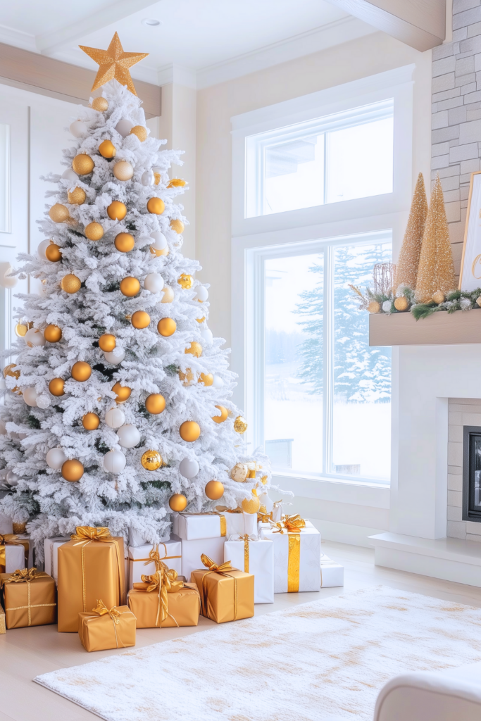 gold and white christmas tree with gold decorations