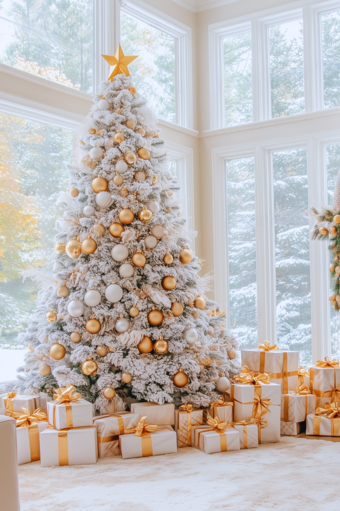 gold and white christmas tree with gold ornaments