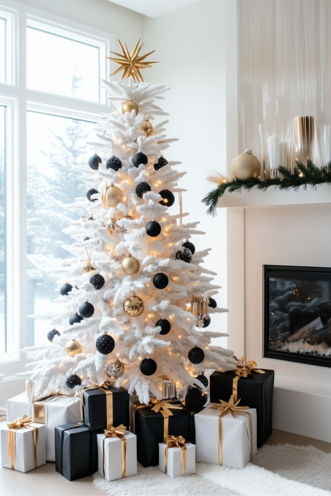 gold black and white christmas tree with gold and black ornaments (2)