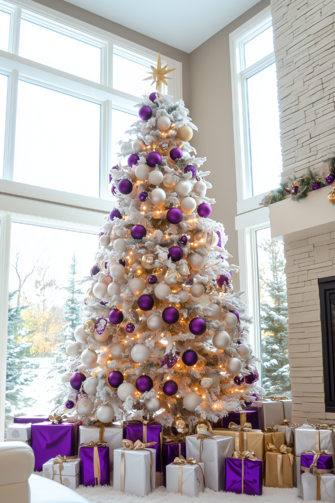 gold purple and white christmas tree with gold purple ornaments