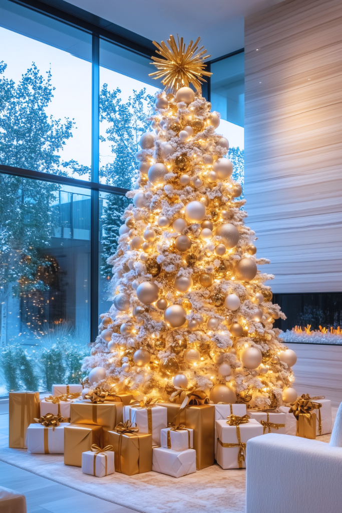 gold silver and white christmas tree with gold decorations