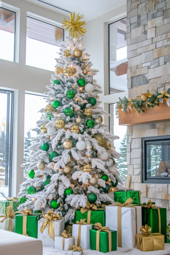 green gold and white christmas tree with gold green decorations