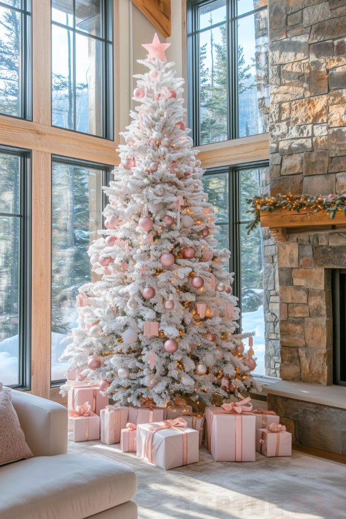 pink and white christmas tree with pink decorations