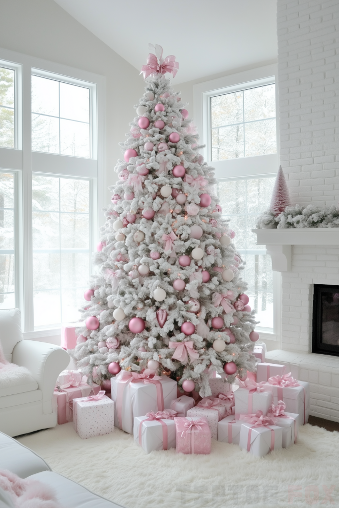 pink and white christmas tree with pink ornaments