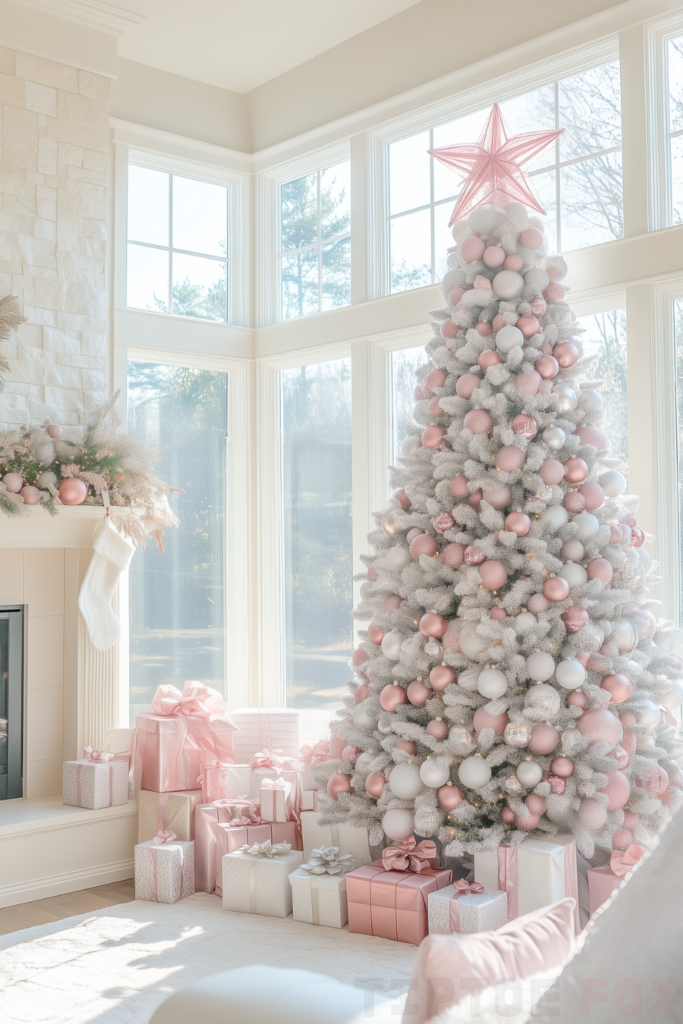 pink white christmas tree with pink decorations