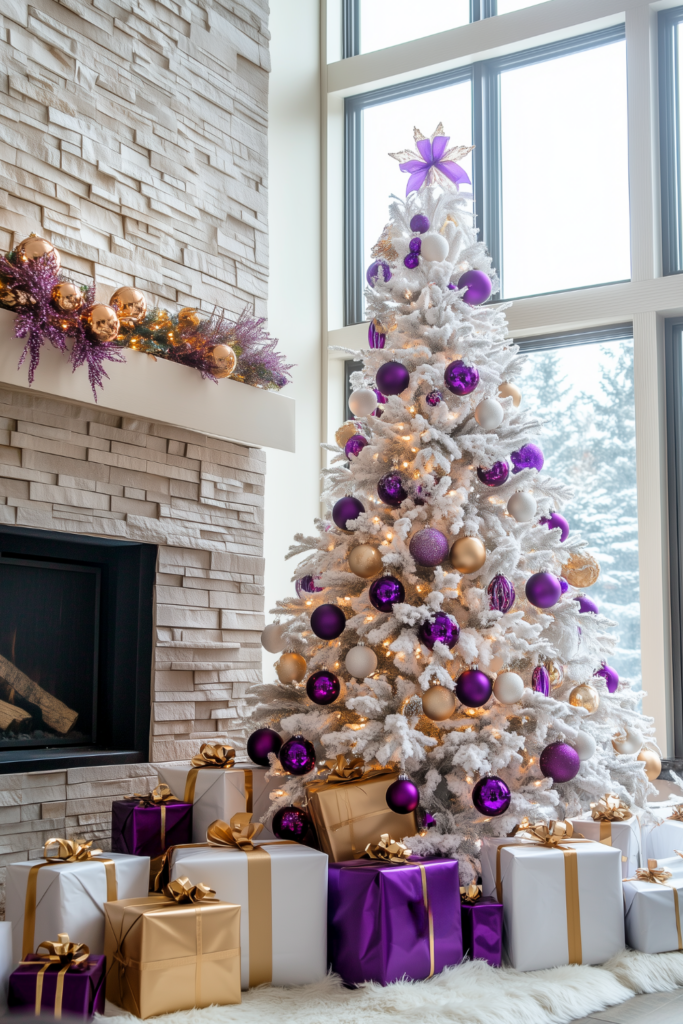 purple gold and white christmas tree with gold purple decorations