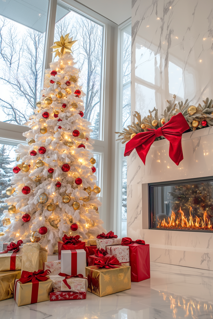 red gold and white christmas tree with gold red decorations (1)