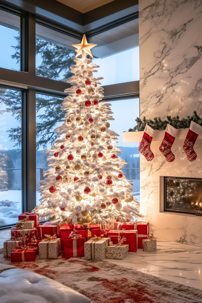 red gold and white christmas tree with gold red decorations