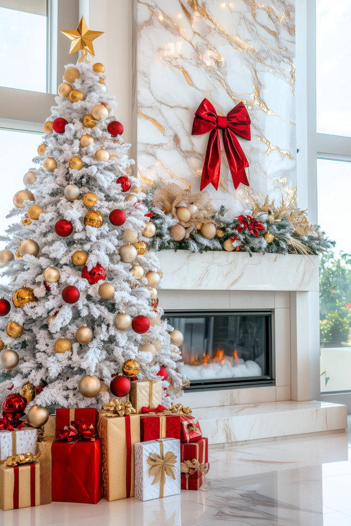 red gold and white christmas tree with gold red ornaments