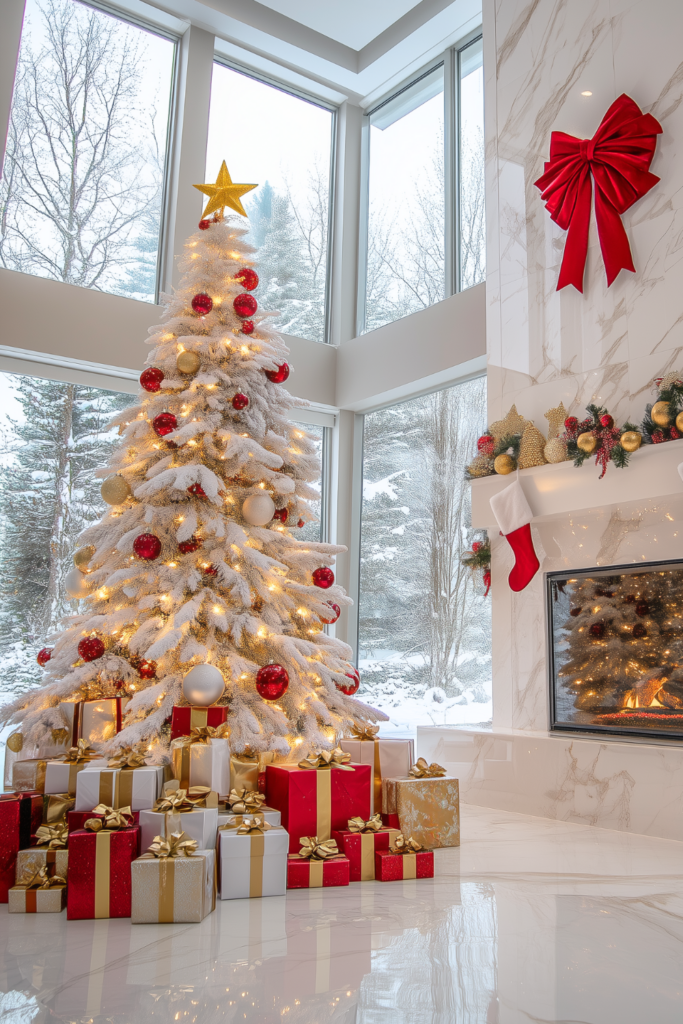 red gold and white tree with gold red decorations