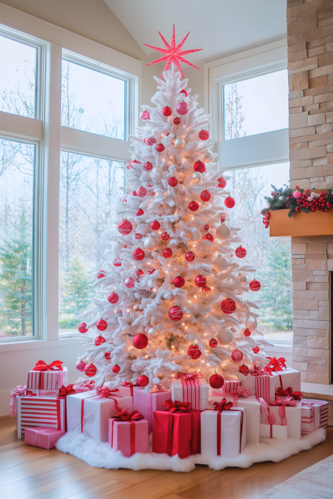 red pink white christmas tree pink and red ornaments