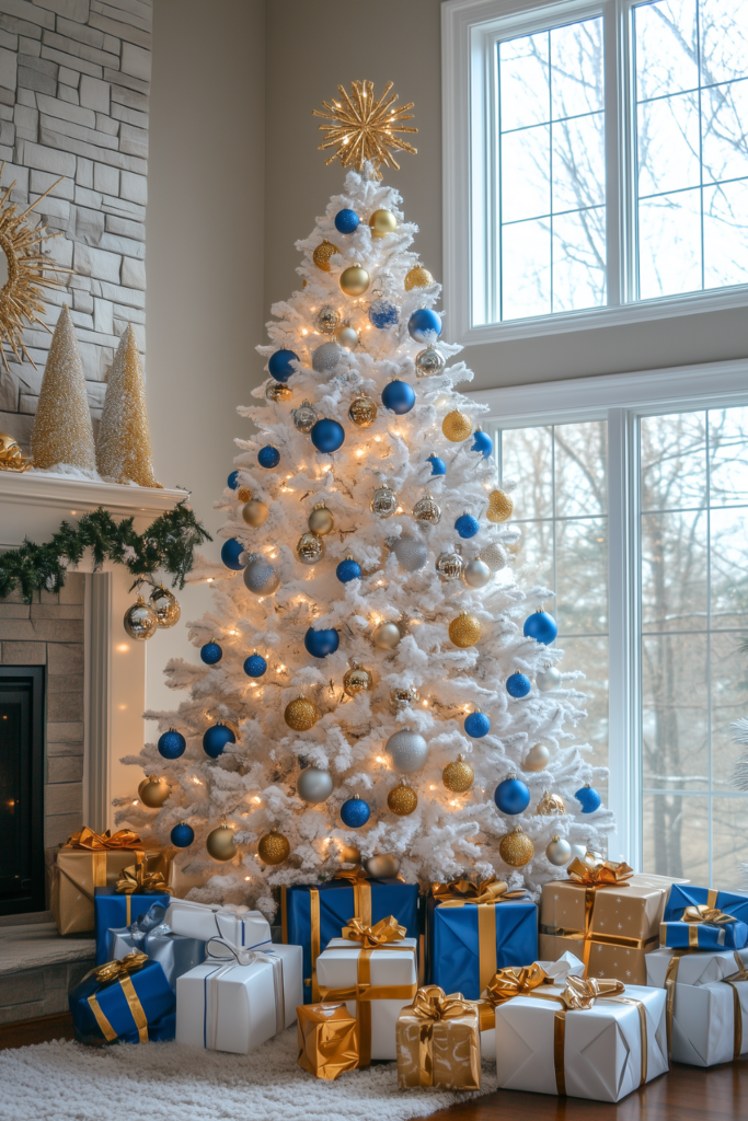 silver blue gold and white tree with gold blue decorations