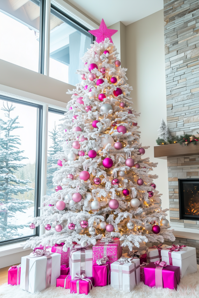 silver pink white christmas tree with pink and silver decorations